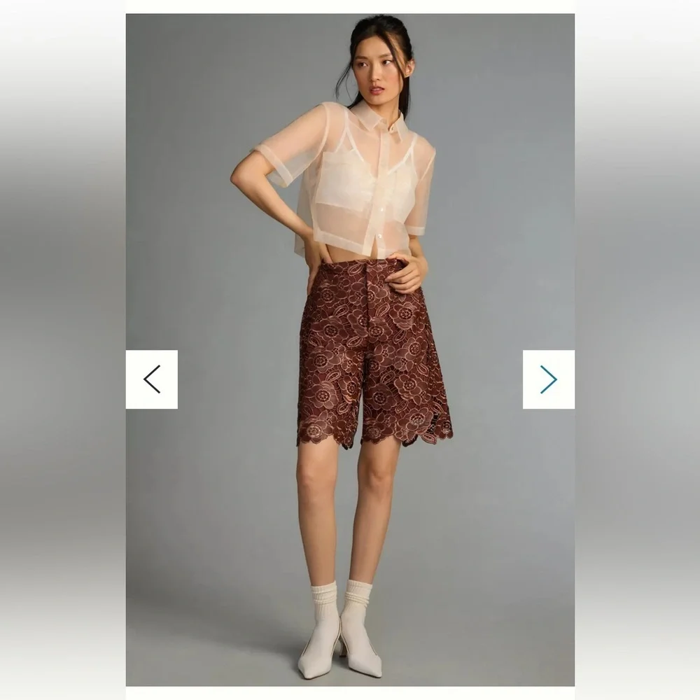 NWT By Anthropologie Floral Faux Leather Shorts Sz 0 cocoa‎ brown embroidered